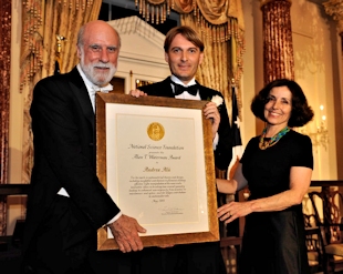 2015 Waterman Award winner Andrea AlÃ¹ with NSB Member Vint Cerf and NSF Director France Córdova