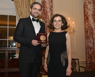 2016 Waterman Award winner Mircea DincÄ, with NSF Director France Córdova