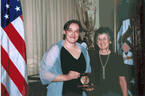 Photo of Angelika Amon, 2003 Waterman award winner, with NSF Director Rita Colwell